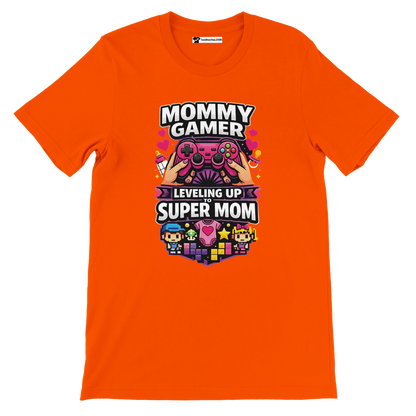Orange t-shirt with 'Mommy Gamer Leveling Up to Super Mom' text and gaming graphics
