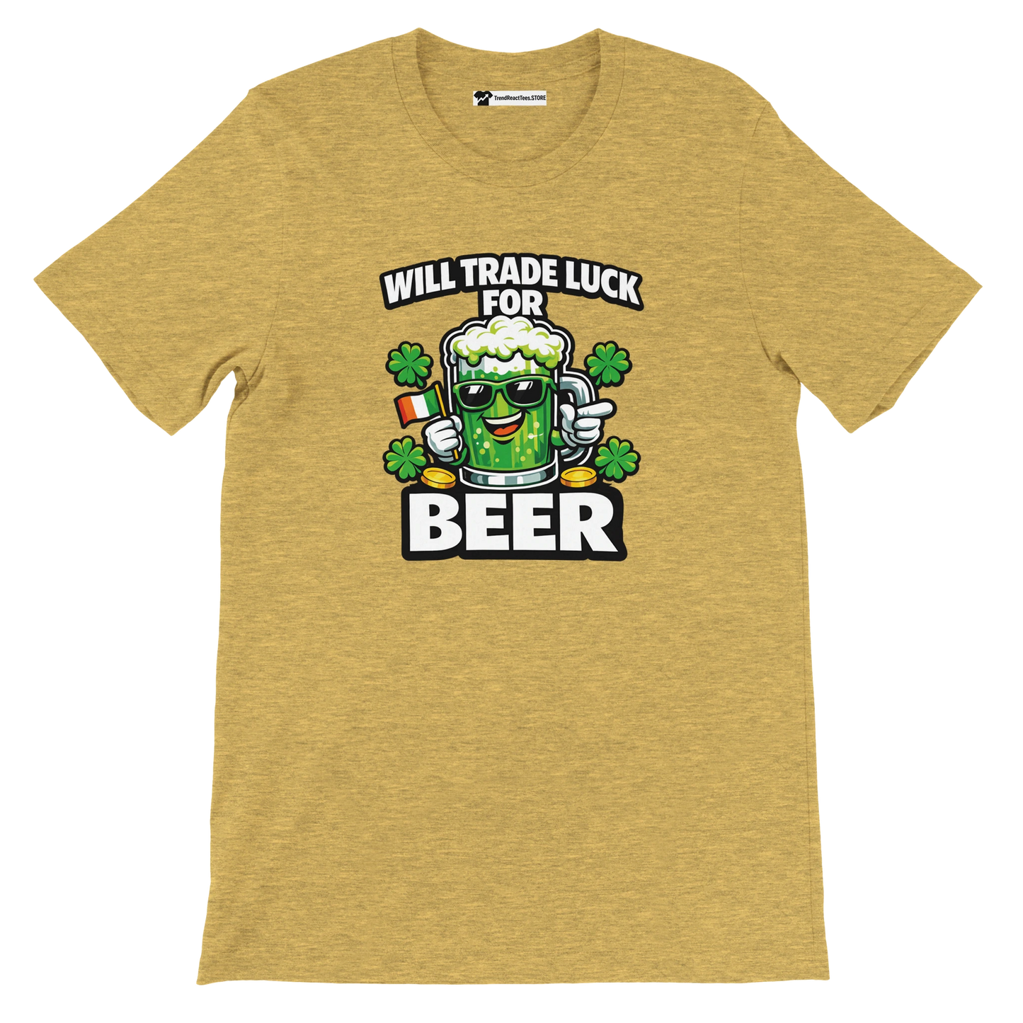 St. Patrick's Day beer t-shirt with 'Will Trade Luck For Beer' graphic, shamrocks, and Irish flag