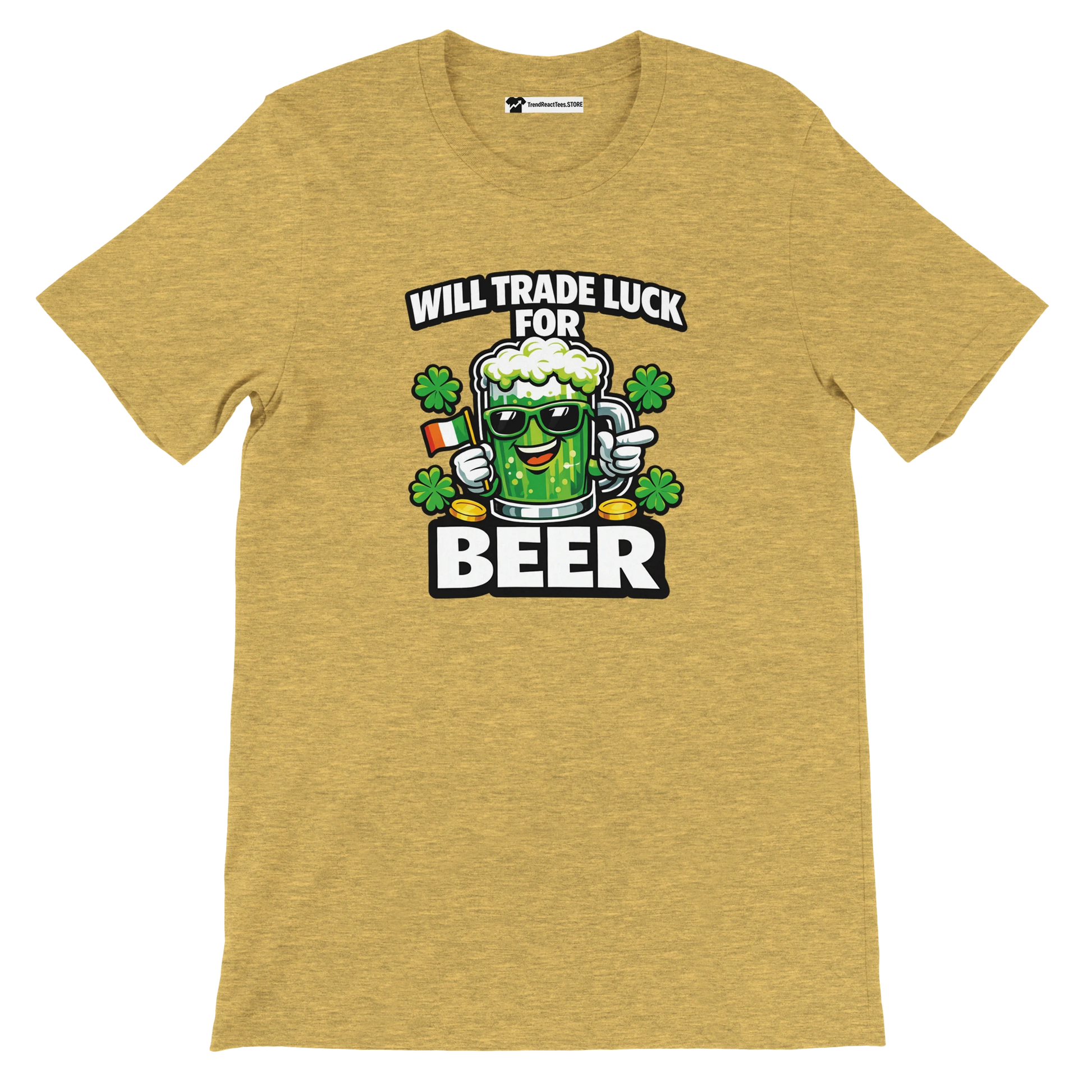 St. Patrick's Day beer t-shirt with 'Will Trade Luck For Beer' graphic, shamrocks, and Irish flag