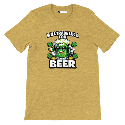 St. Patrick's Day beer t-shirt with 'Will Trade Luck For Beer' graphic, shamrocks, and Irish flag