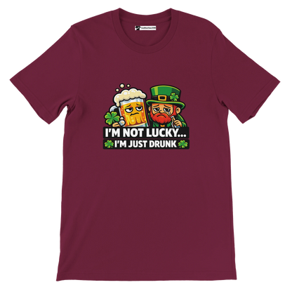 Funny St. Patrick's Day tee with leprechaun and beer, 'I'm Not Lucky... I'm Just Drunk' design