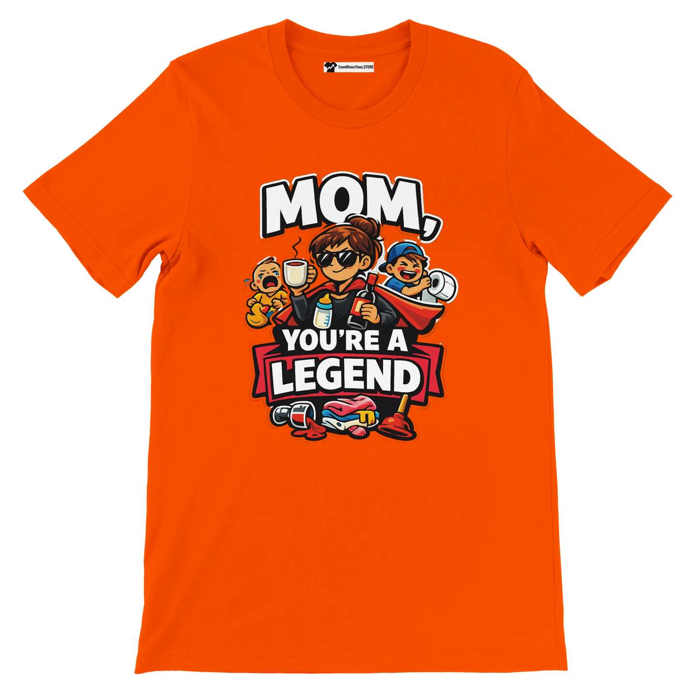Orange t-shirt with cartoon mom and kids, text says 'Mom, You're a Legend', fun gift tee