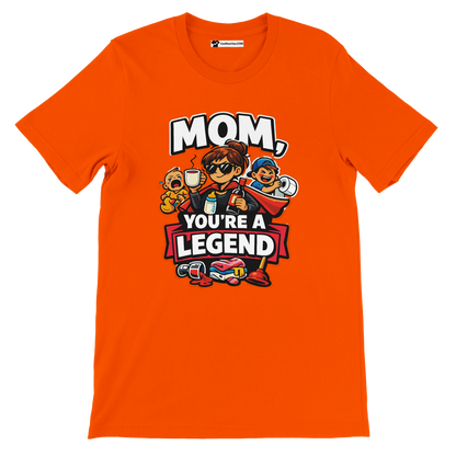 Orange t-shirt with cartoon mom and kids, text says 'Mom, You're a Legend', fun gift tee