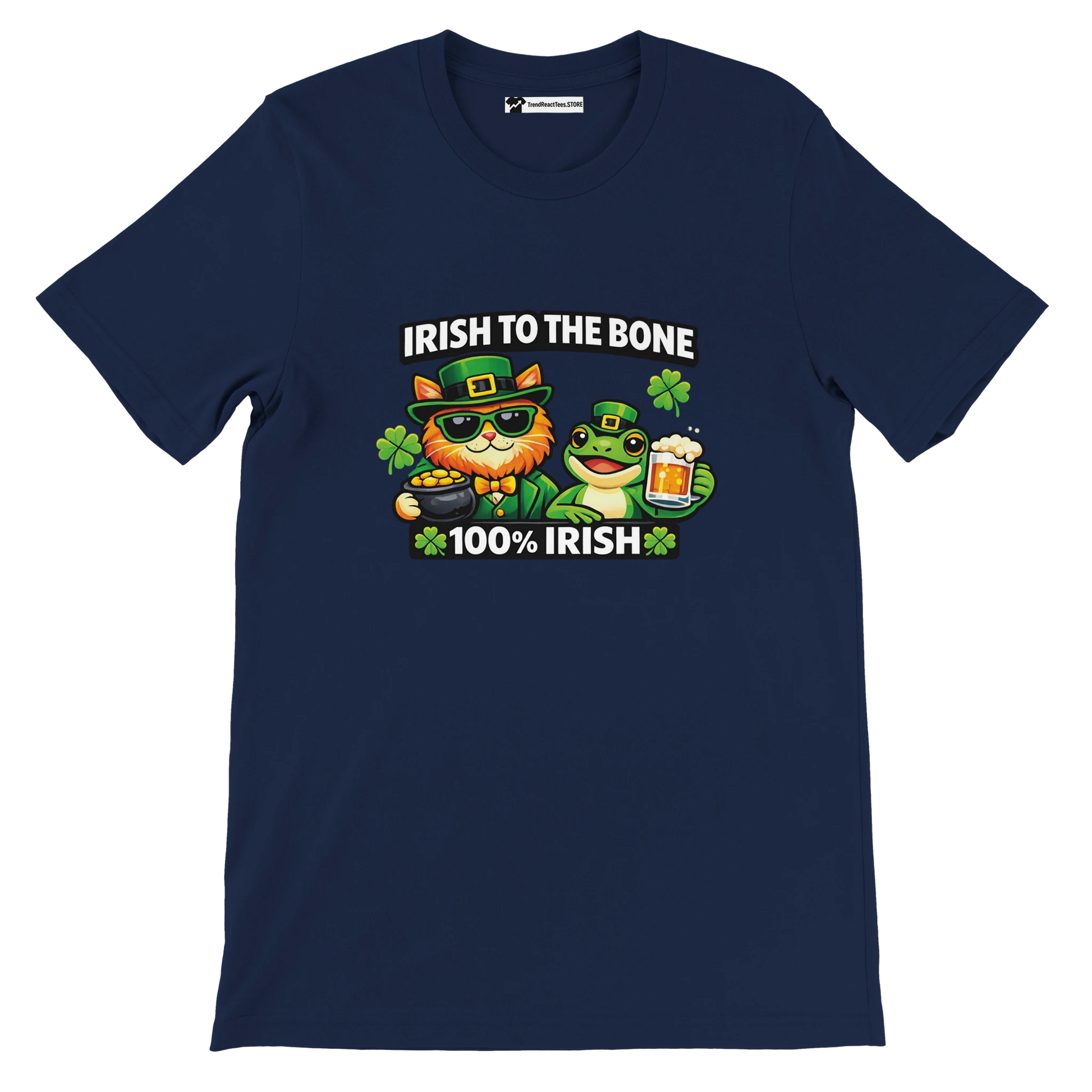Navy tee with 'Irish to the Bone' graphic, cat & frog in green hats, shamrocks, beer, gold coins for St. Patrick's Day