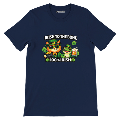 Navy tee with 'Irish to the Bone' graphic, cat & frog in green hats, shamrocks, beer, gold coins for St. Patrick's Day