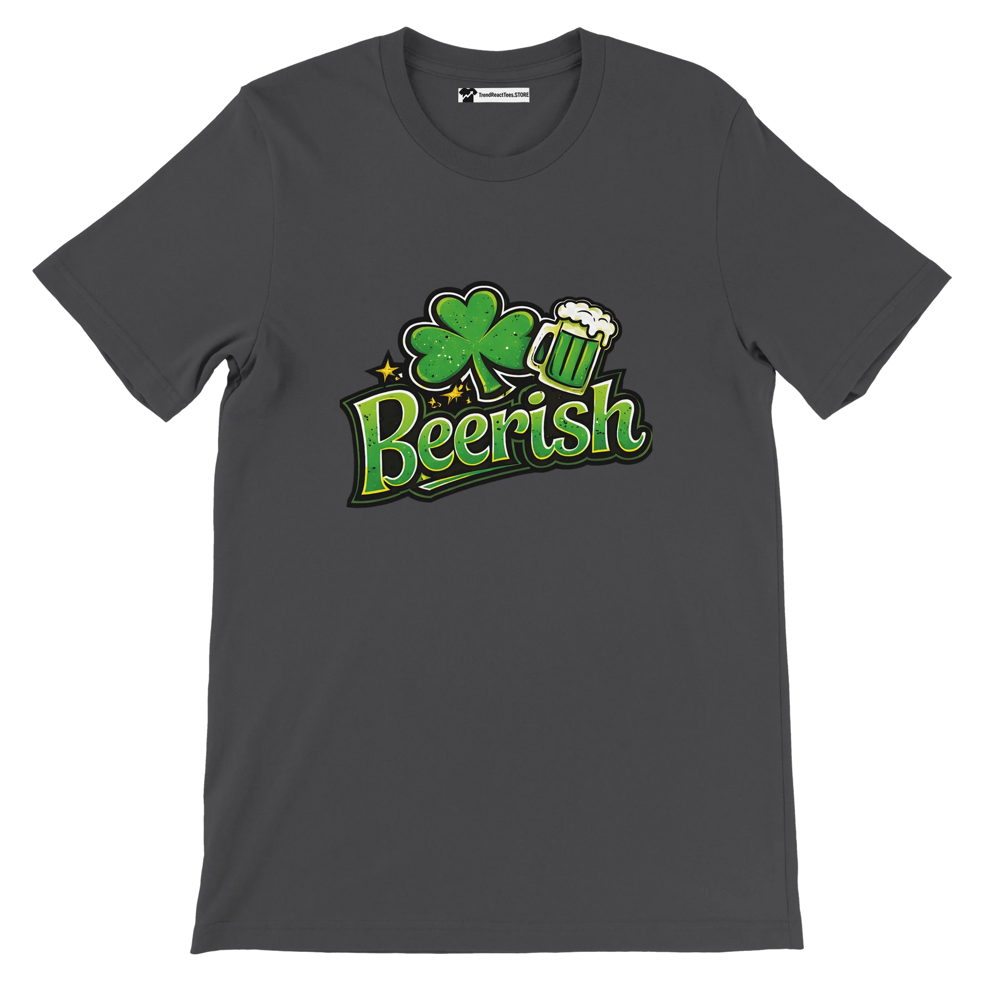 Dark gray tee with 'Beerish' graphic, shamrock, and beer mug for St. Patrick's Day.