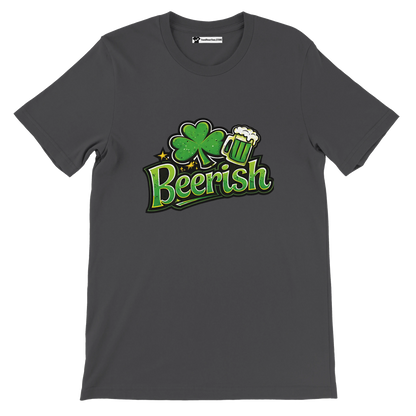 Dark gray tee with 'Beerish' graphic, shamrock, and beer mug for St. Patrick's Day.