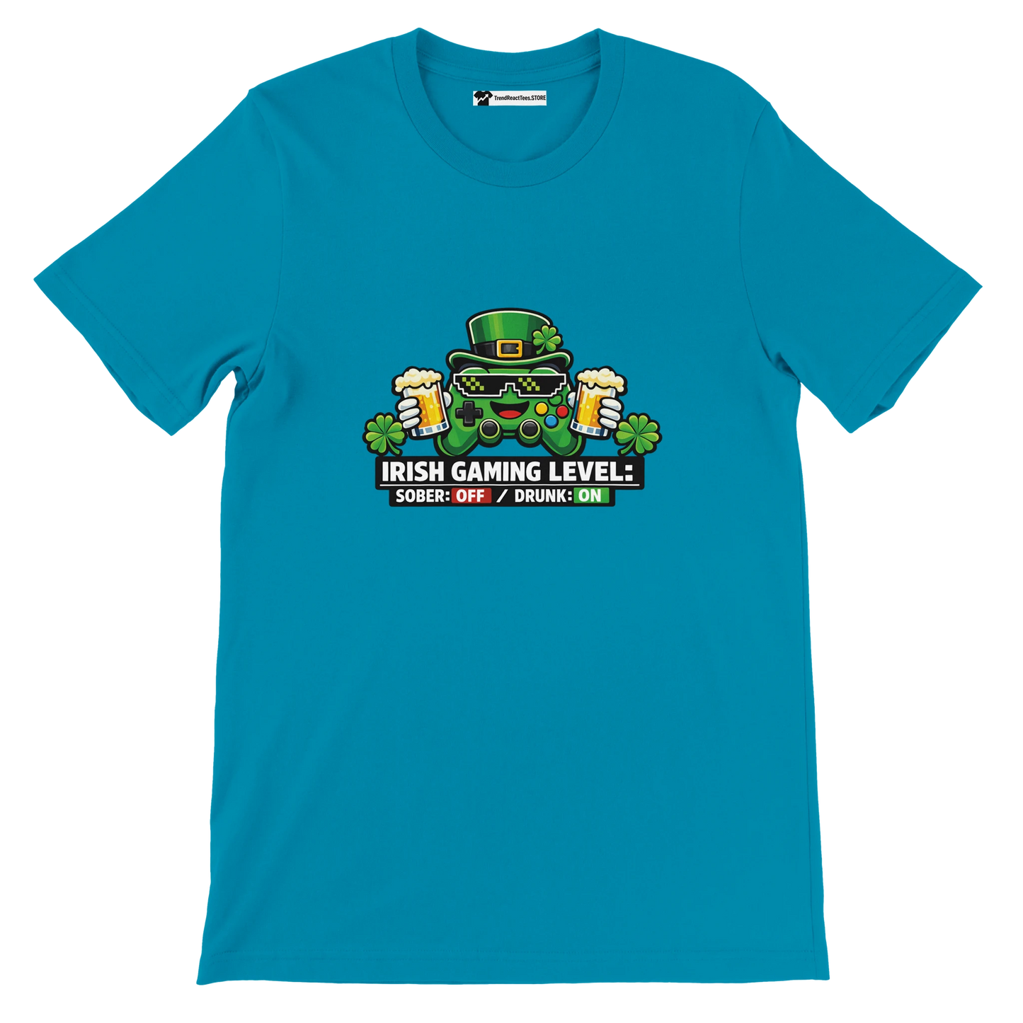Teal t-shirt with Irish gaming controller graphic, shamrocks, beer mugs, and 'Irish Gaming Level' text for St. Patrick's Day.