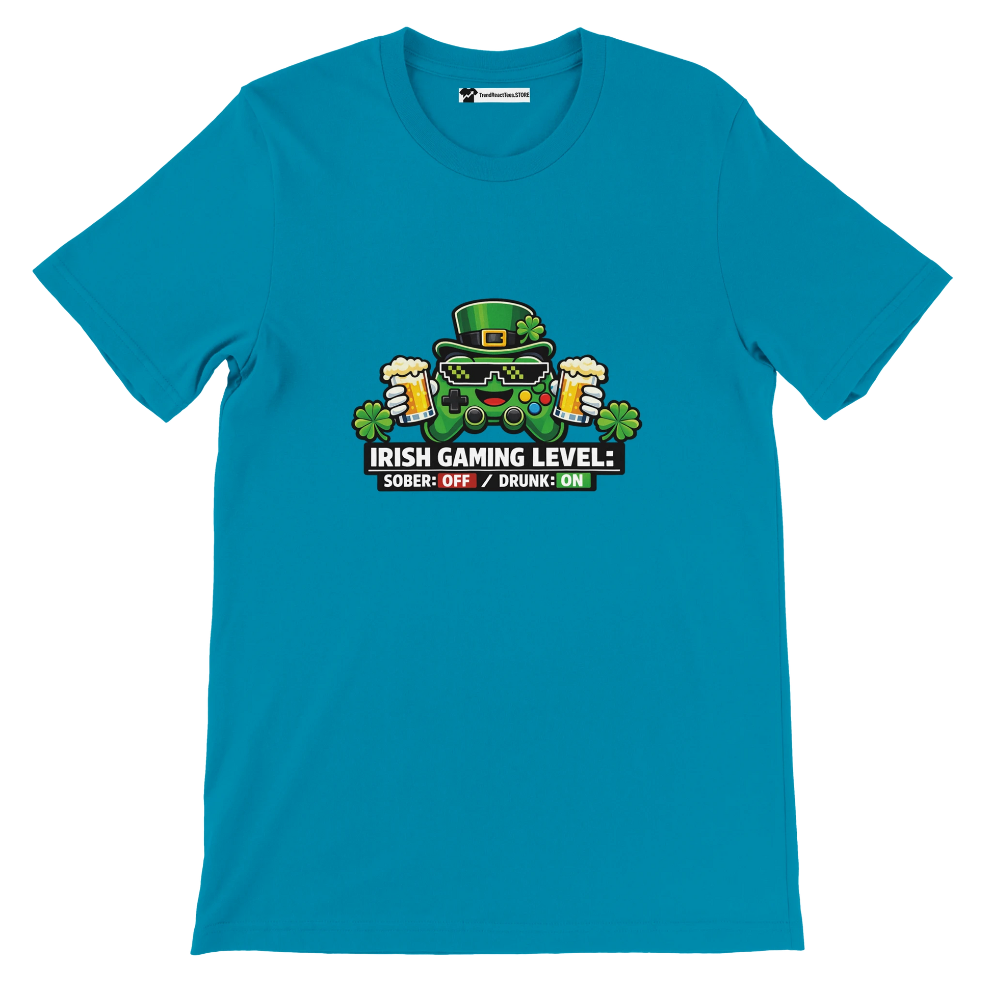 Teal t-shirt with Irish gaming controller graphic, shamrocks, beer mugs, and 'Irish Gaming Level' text for St. Patrick's Day.
