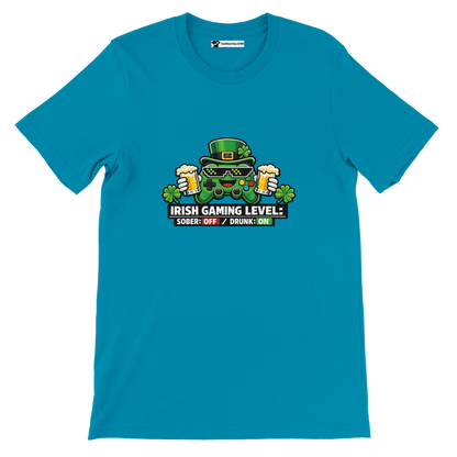 Teal t-shirt with Irish gaming controller graphic, shamrocks, beer mugs, and 'Irish Gaming Level' text for St. Patrick's Day.