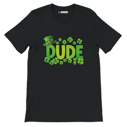 Black t-shirt with green 'DUDE' text, leprechaun hat, and shamrock clovers, St. Patrick's Day theme
