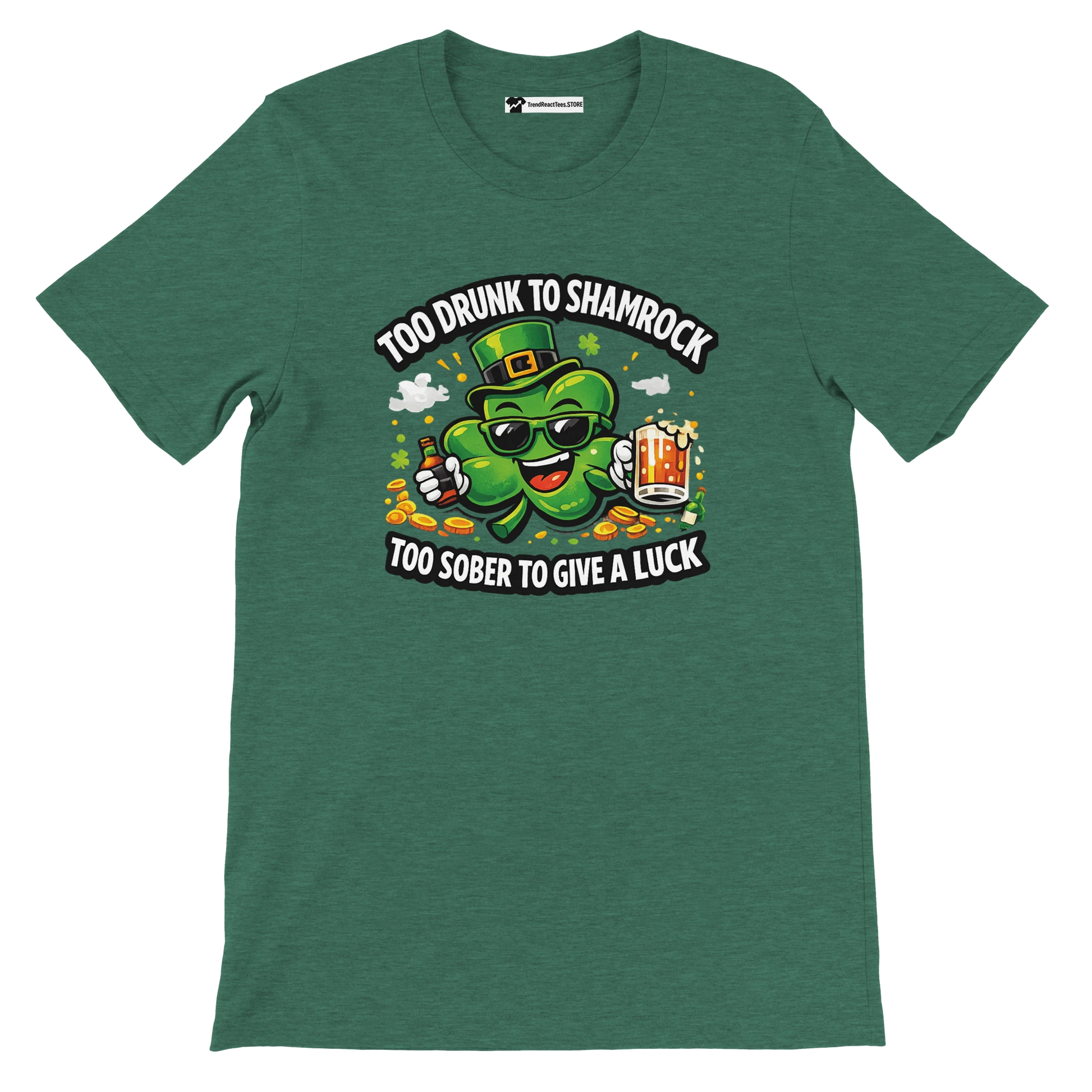 Green St. Patrick's Day t-shirt with cartoon shamrock holding beer and funny quote