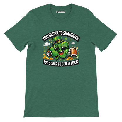 Green St. Patrick's Day t-shirt with cartoon shamrock holding beer and funny quote