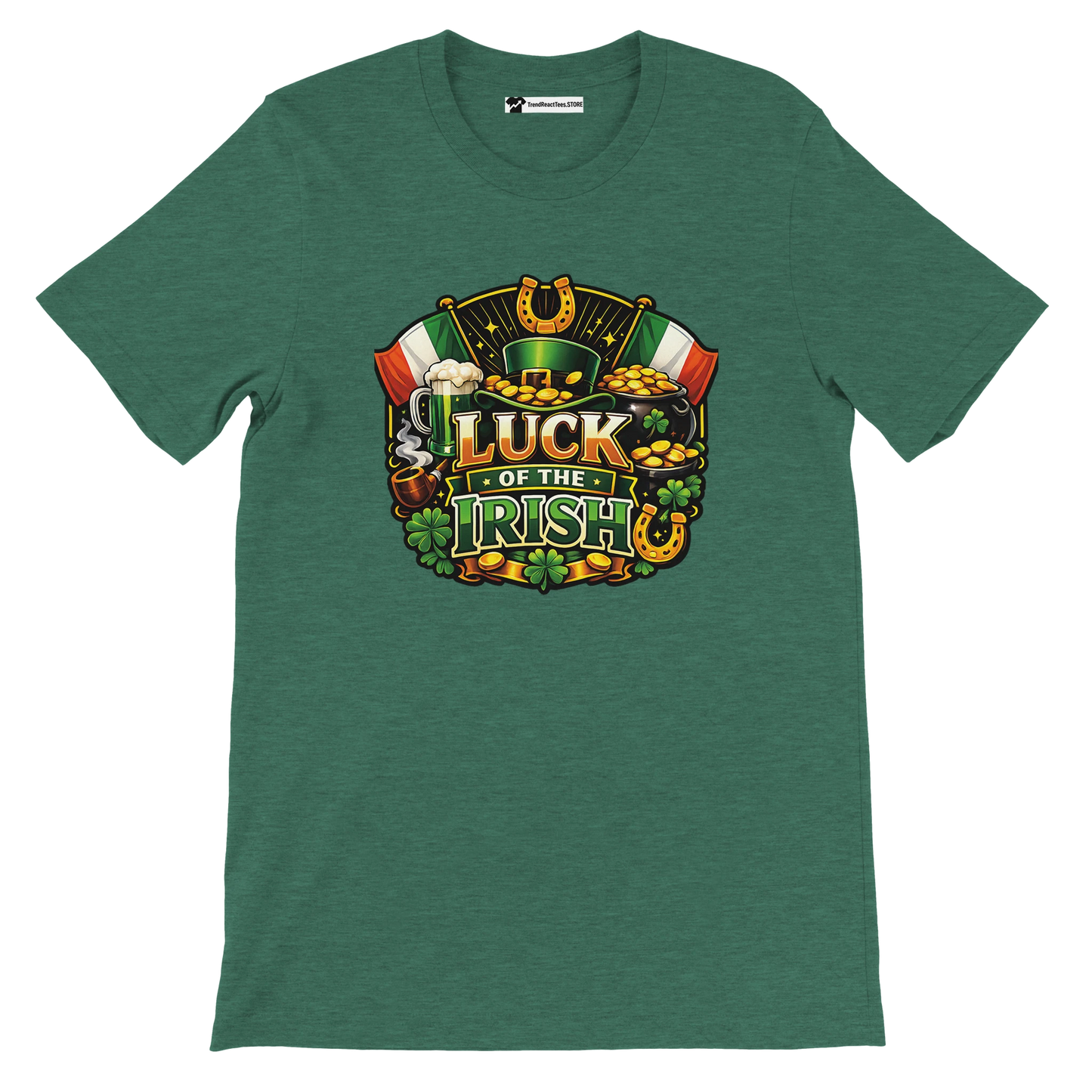 Green t-shirt with 'Luck of the Irish' quote, shamrocks, gold coins, leprechaun hat and Irish flags