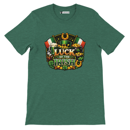 Green t-shirt with 'Luck of the Irish' quote, shamrocks, gold coins, leprechaun hat and Irish flags