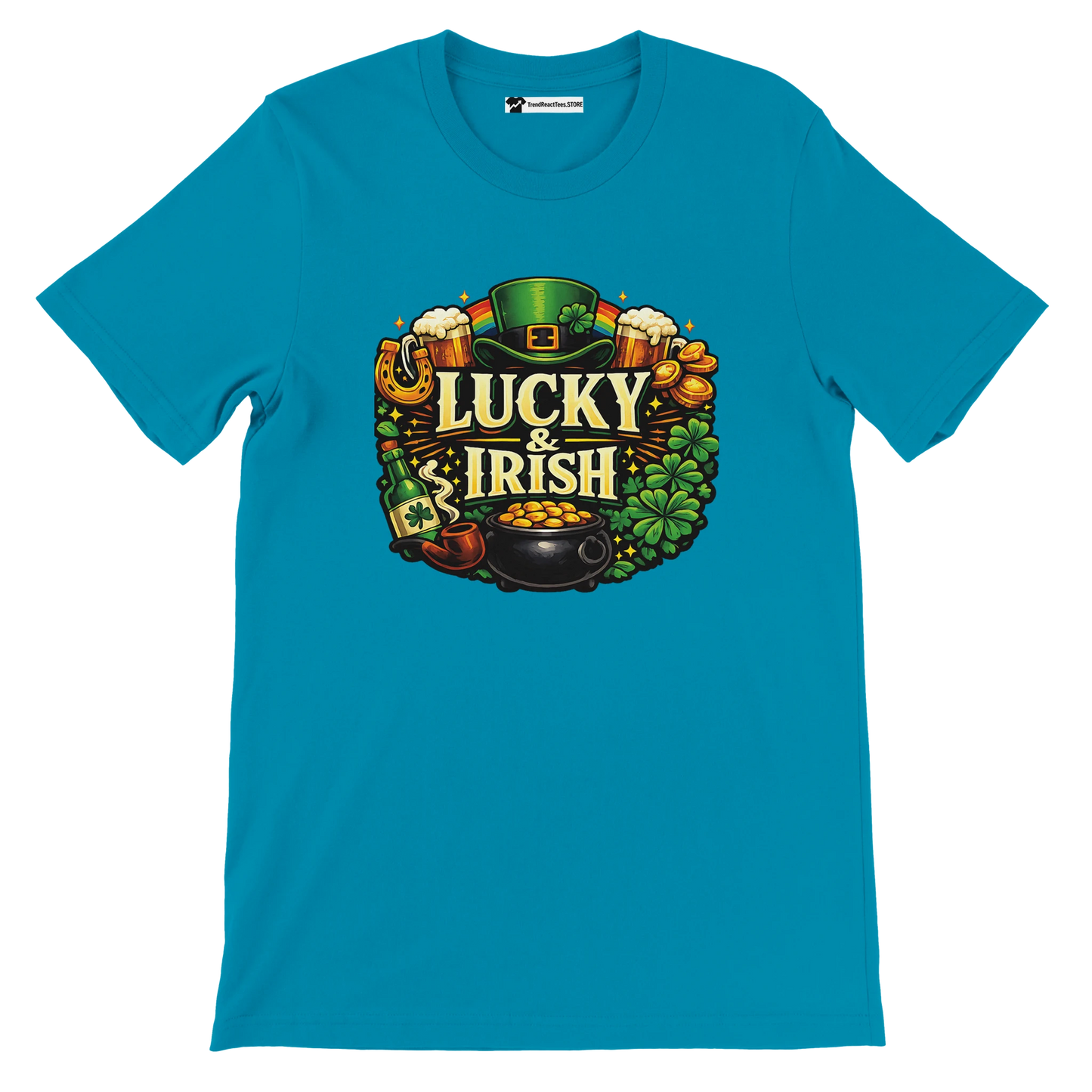Blue t-shirt with "Lucky & Irish" graphic, leprechaun hat, shamrocks, gold coins, beer, and pot of gold.