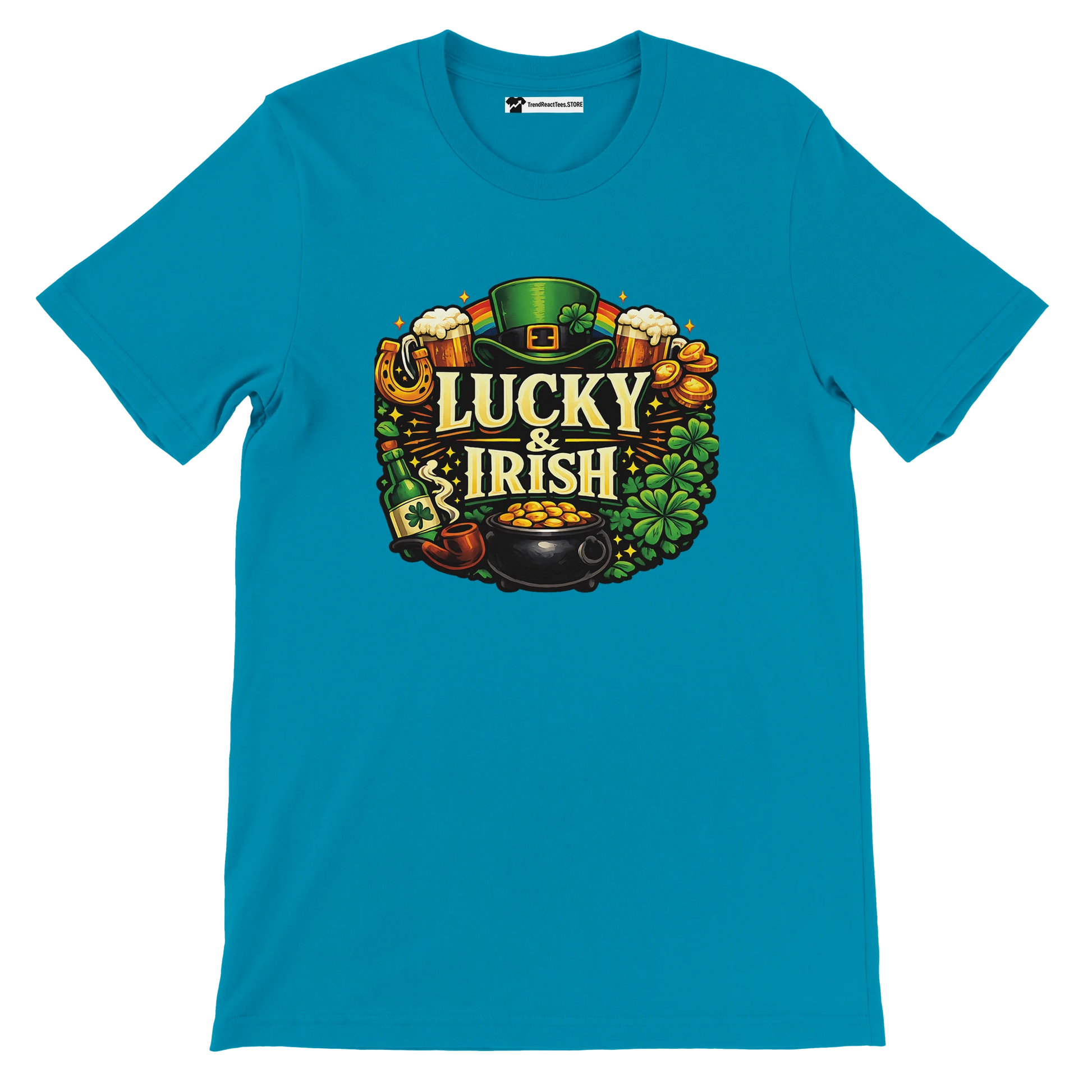 Blue t-shirt with "Lucky & Irish" graphic, leprechaun hat, shamrocks, gold coins, beer, and pot of gold.