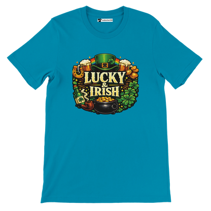 Blue t-shirt with "Lucky & Irish" graphic, leprechaun hat, shamrocks, gold coins, beer, and pot of gold.