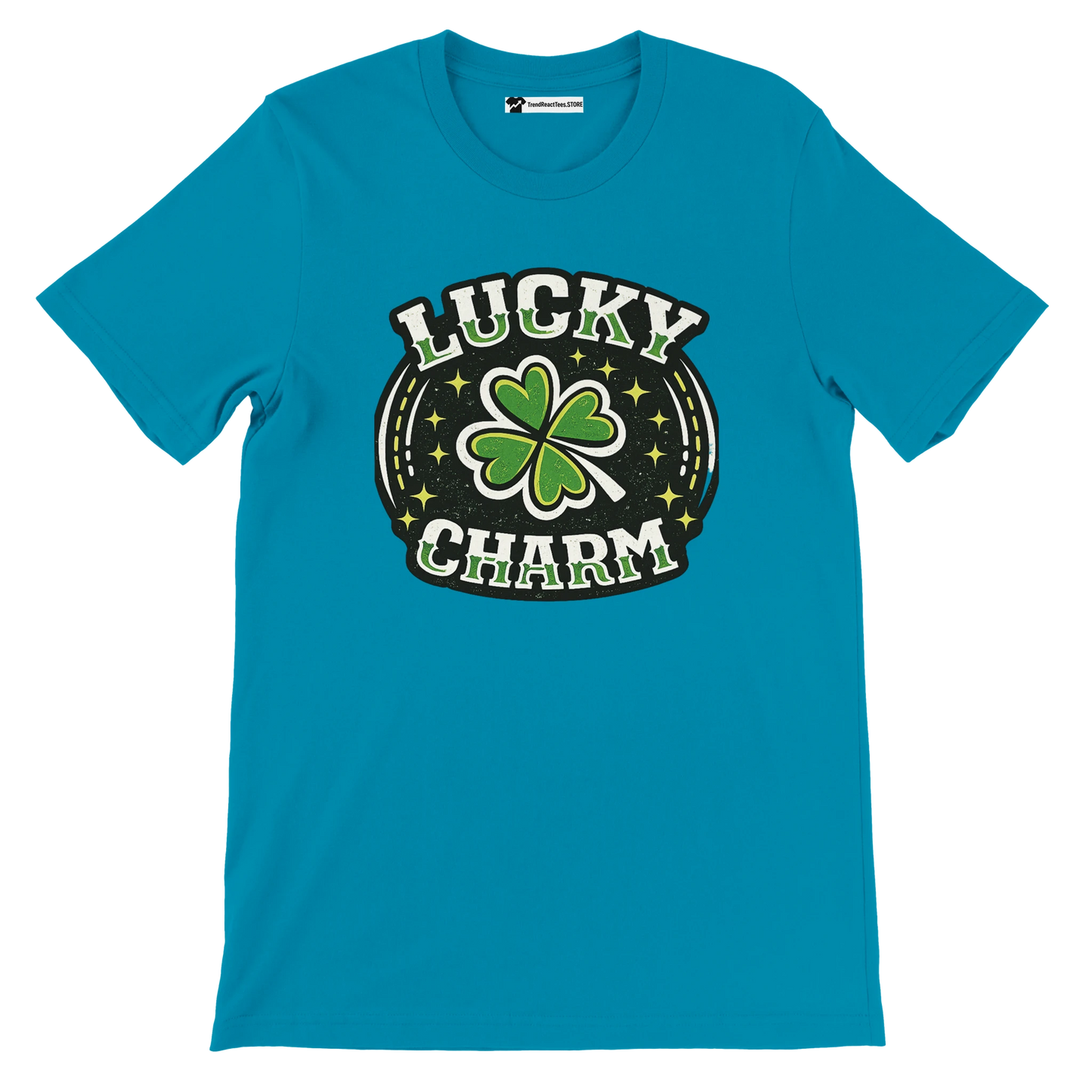 Blue graphic tee with a green shamrock and 'Lucky Charm' text, holiday aesthetic design