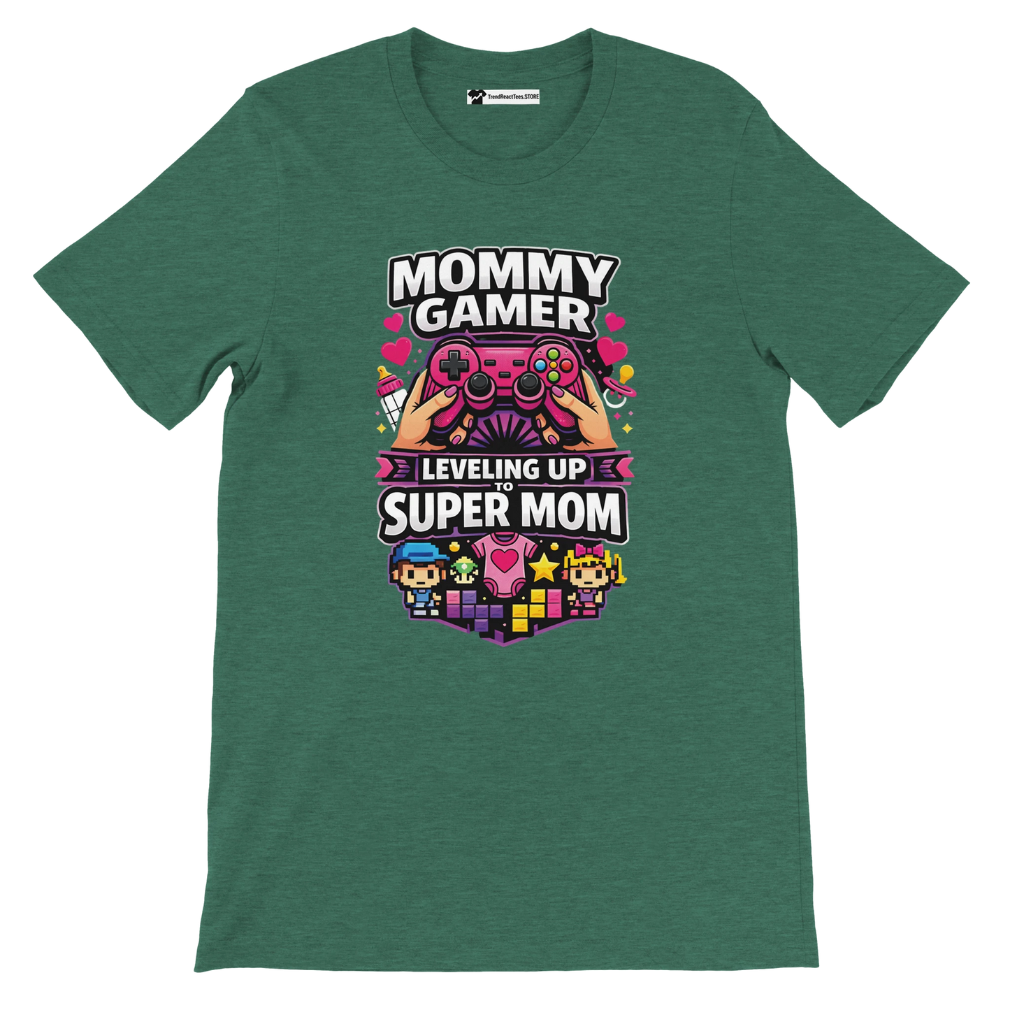 Green tee with anime-style gamer controller graphic and 'Mommy Gamer Leveling Up to Super Mom' quote