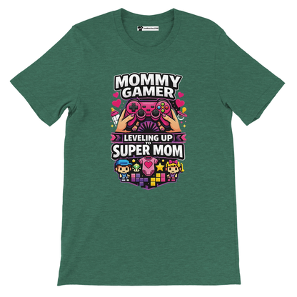 Green tee with anime-style gamer controller graphic and 'Mommy Gamer Leveling Up to Super Mom' quote