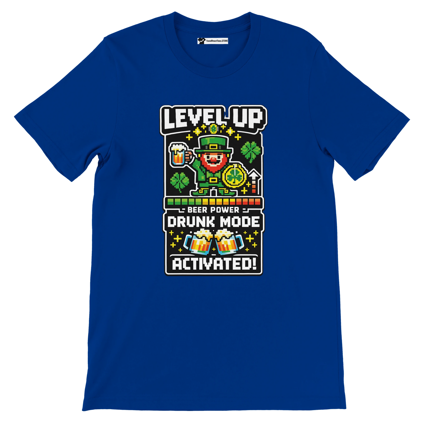 Blue St. Patrick's Day tee with pixel leprechaun, beer, shamrocks, 'Level Up Drunk Mode Activated' graphic