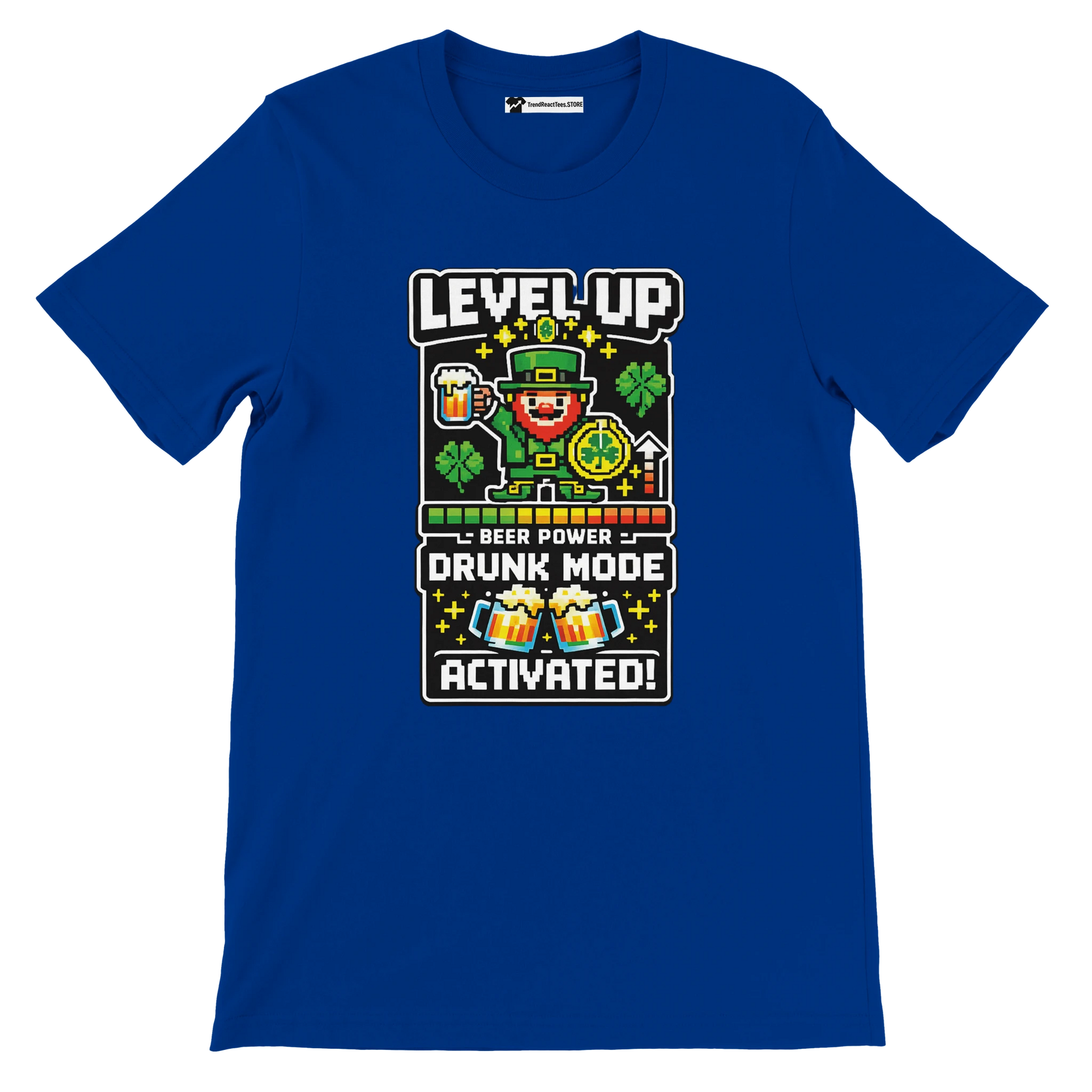 Blue St. Patrick's Day tee with pixel leprechaun, beer, shamrocks, 'Level Up Drunk Mode Activated' graphic