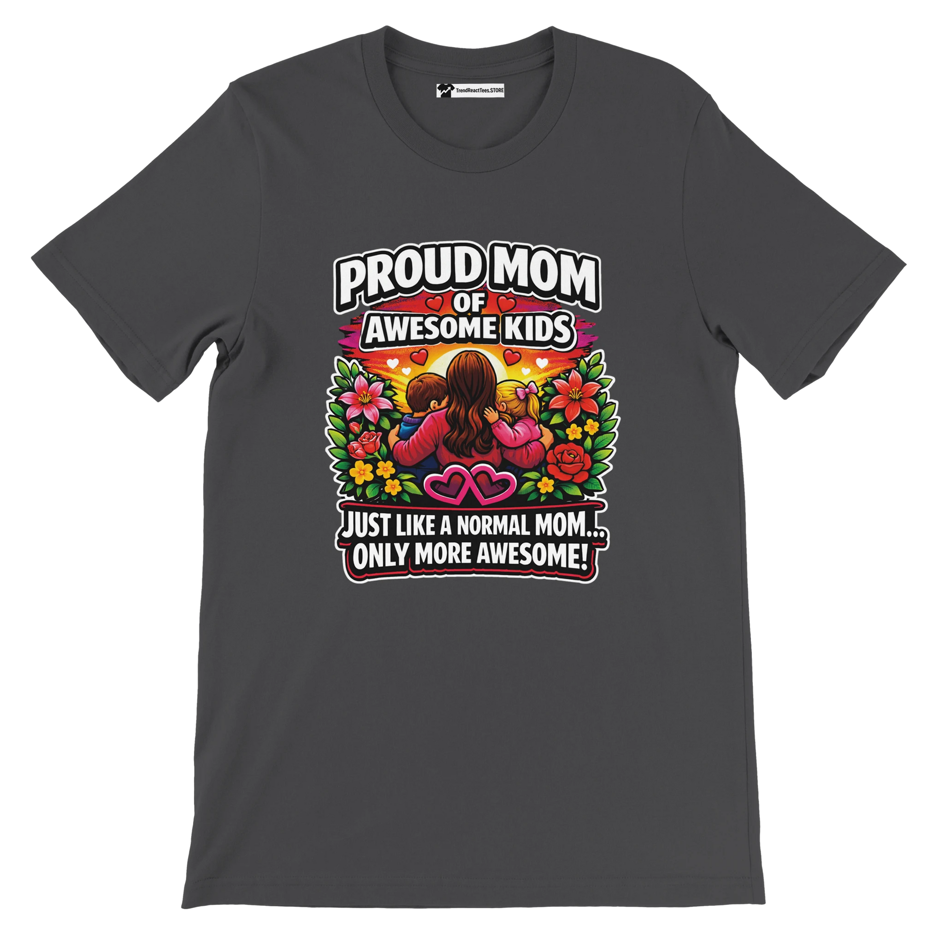 Dark tee with colorful 'Proud Mom of Awesome Kids' quote, mom and kids graphic, floral design