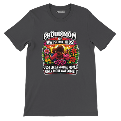 Dark tee with colorful 'Proud Mom of Awesome Kids' quote, mom and kids graphic, floral design