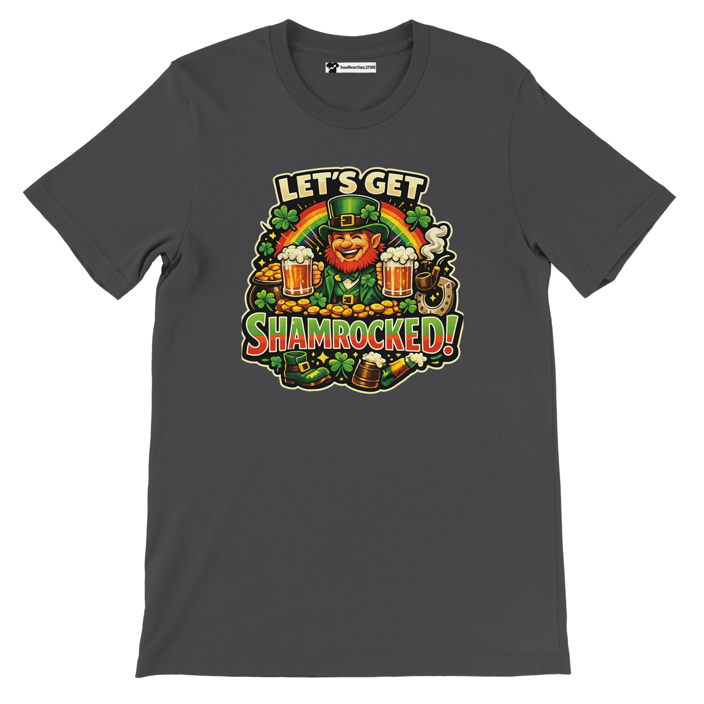 Let's Get Shamrocked! St. Patrick's Day leprechaun tee with beer, shamrocks, and rainbow design