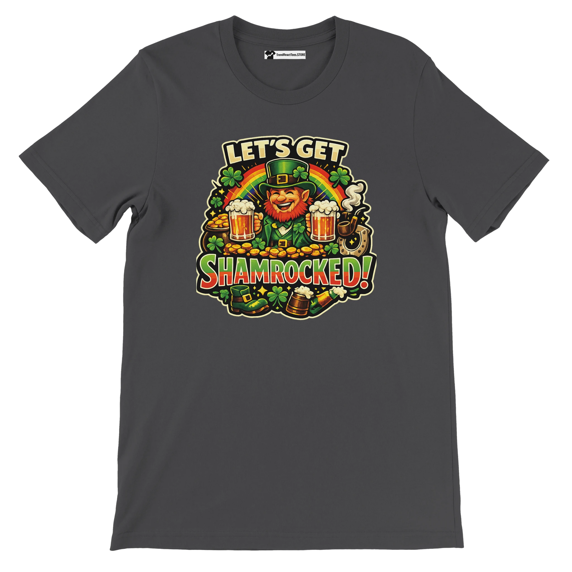 Let's Get Shamrocked! St. Patrick's Day leprechaun tee with beer, shamrocks, and rainbow design
