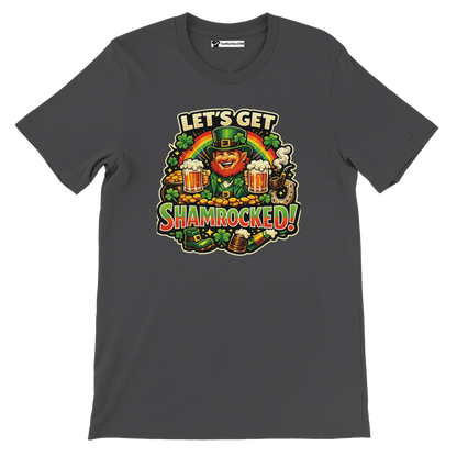 Let's Get Shamrocked! St. Patrick's Day leprechaun tee with beer, shamrocks, and rainbow design