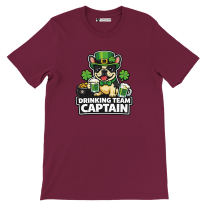 Maroon St. Patrick's Day tee with bulldog in green hat, shamrocks, beer mugs, and 'Drinking Team Captain' text