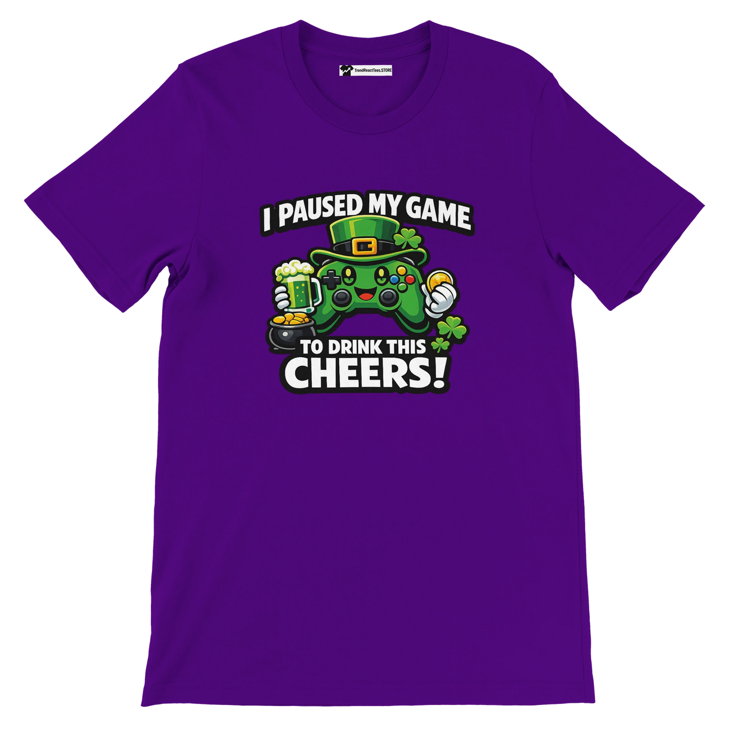 Purple anime gamer tee with game controller, St. Patrick's Day theme, clovers, beer, and quote