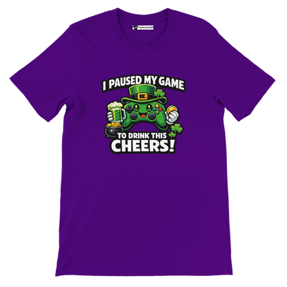 Purple anime gamer tee with game controller, St. Patrick's Day theme, clovers, beer, and quote