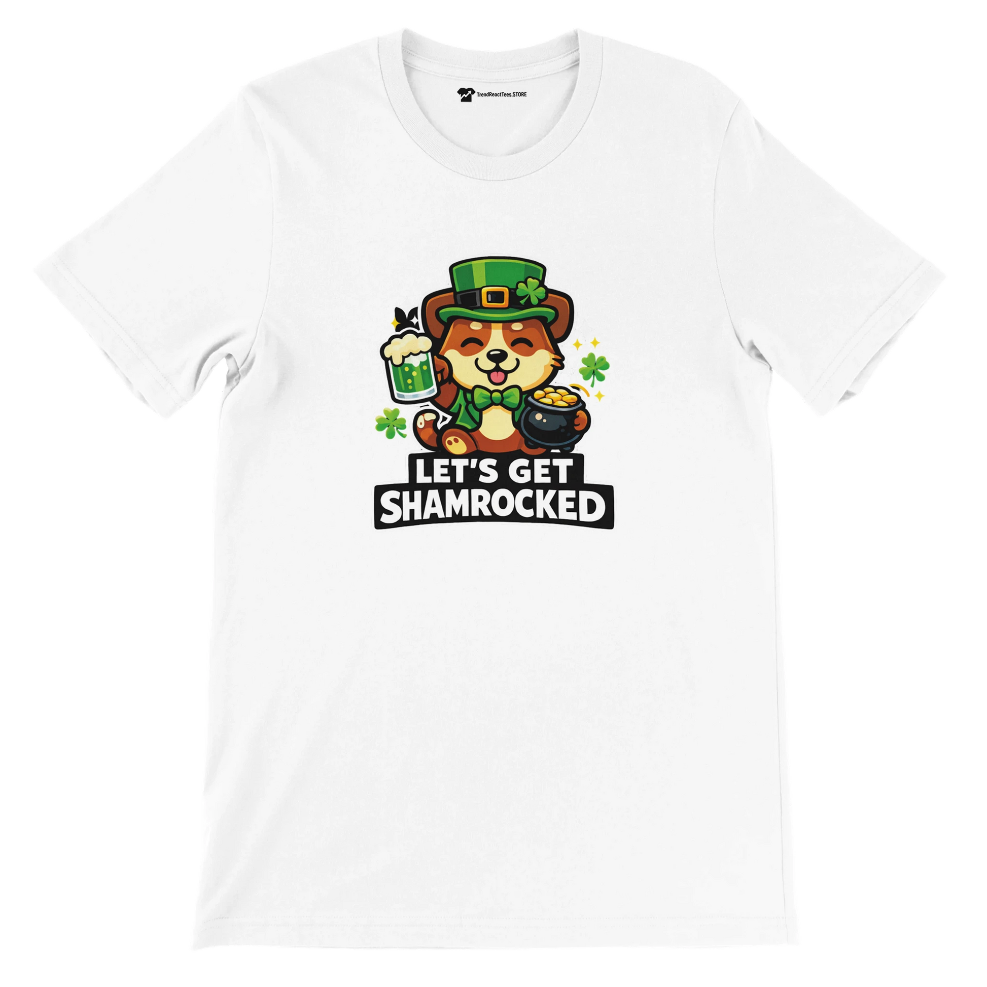 White t-shirt with cute dog in leprechaun hat, shamrocks, beer, pot of gold, and 'Let’s Get Shamrocked' text.