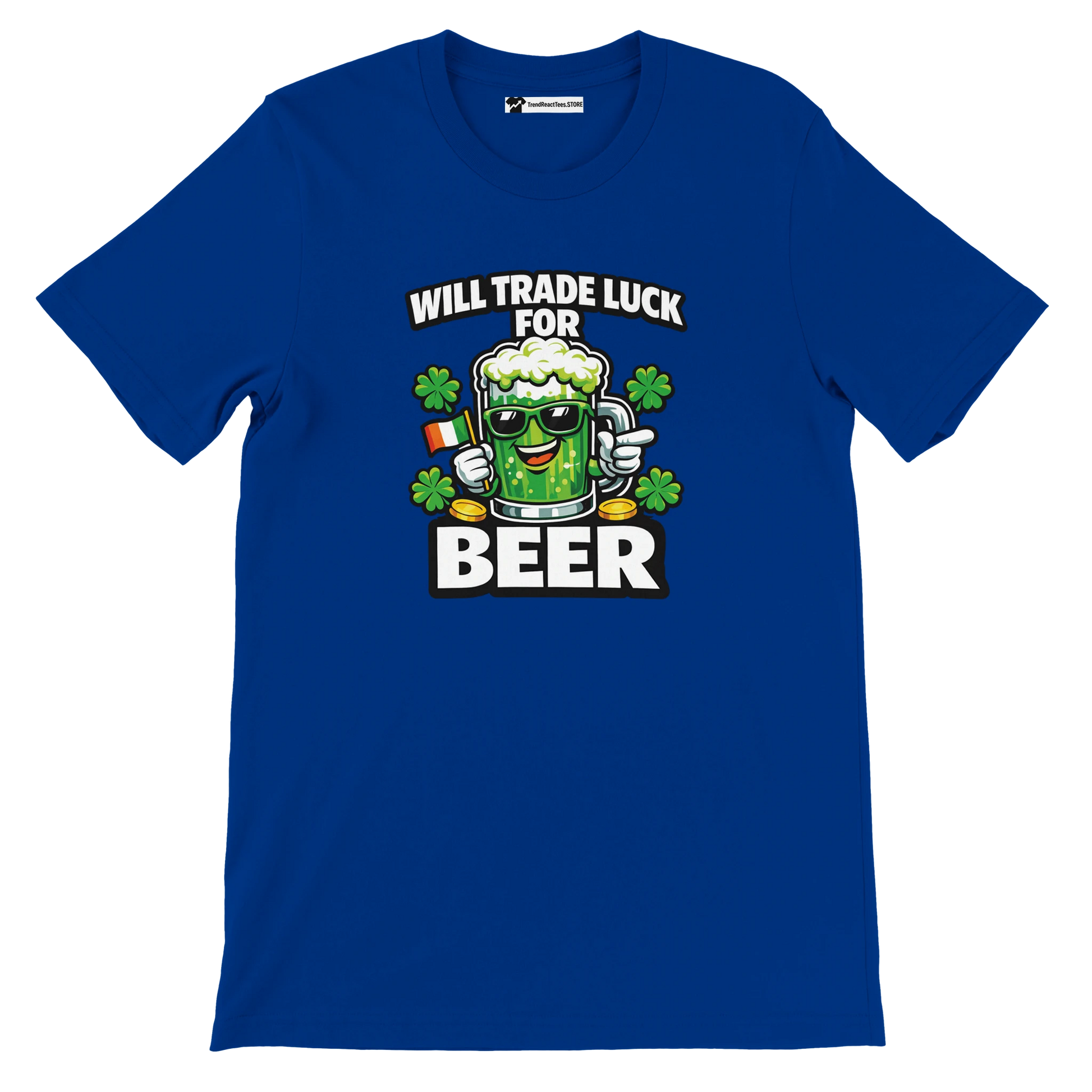 Blue St. Patrick's Day tee with 'Will Trade Luck for Beer' graphic, shamrocks, and beer mug design