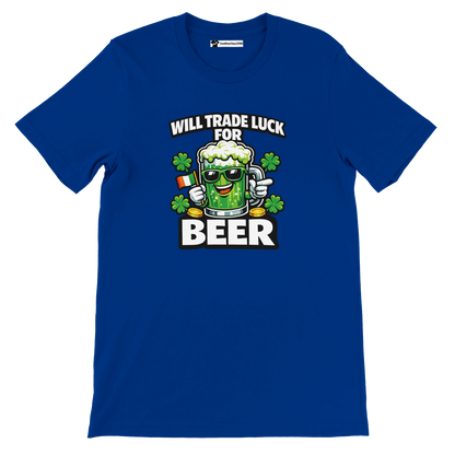 Blue St. Patrick's Day tee with 'Will Trade Luck for Beer' graphic, shamrocks, and beer mug design