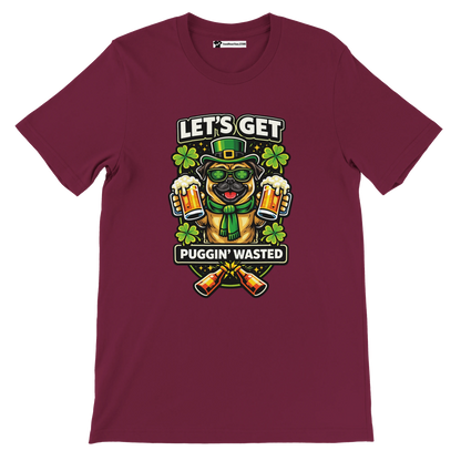 Maroon t-shirt with cartoon pug in St. Patrick's hat holding beer mugs, shamrocks, fun party quote