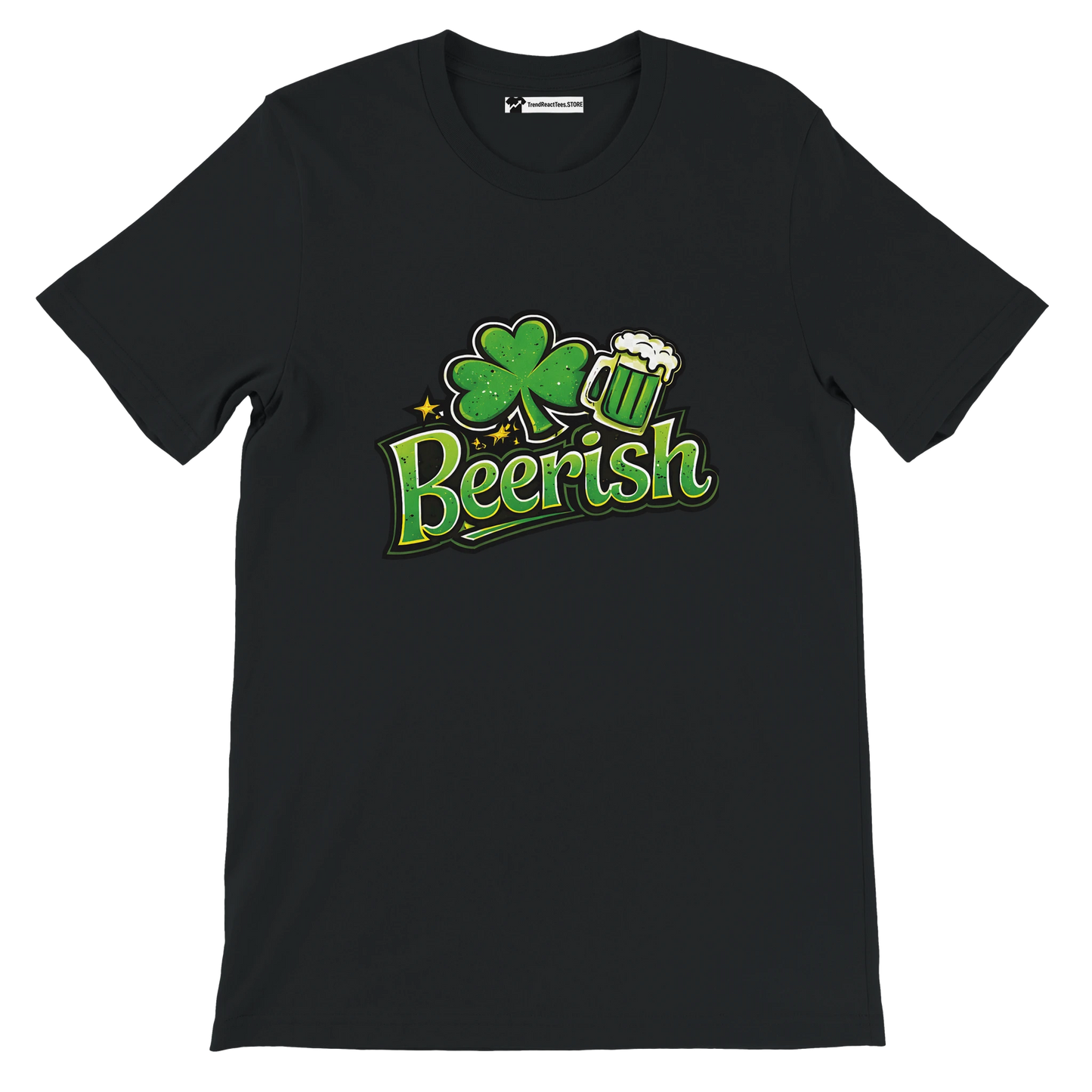 Black t-shirt with green shamrock, beer mug, and 'Beerish' text for St. Patrick's Day