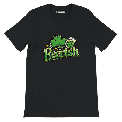 Black t-shirt with green shamrock, beer mug, and 'Beerish' text for St. Patrick's Day