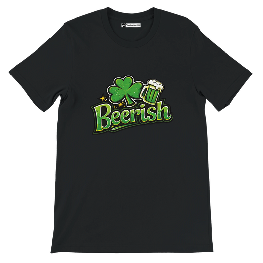 Black t-shirt with green shamrock, beer mug, and 'Beerish' text for St. Patrick's Day