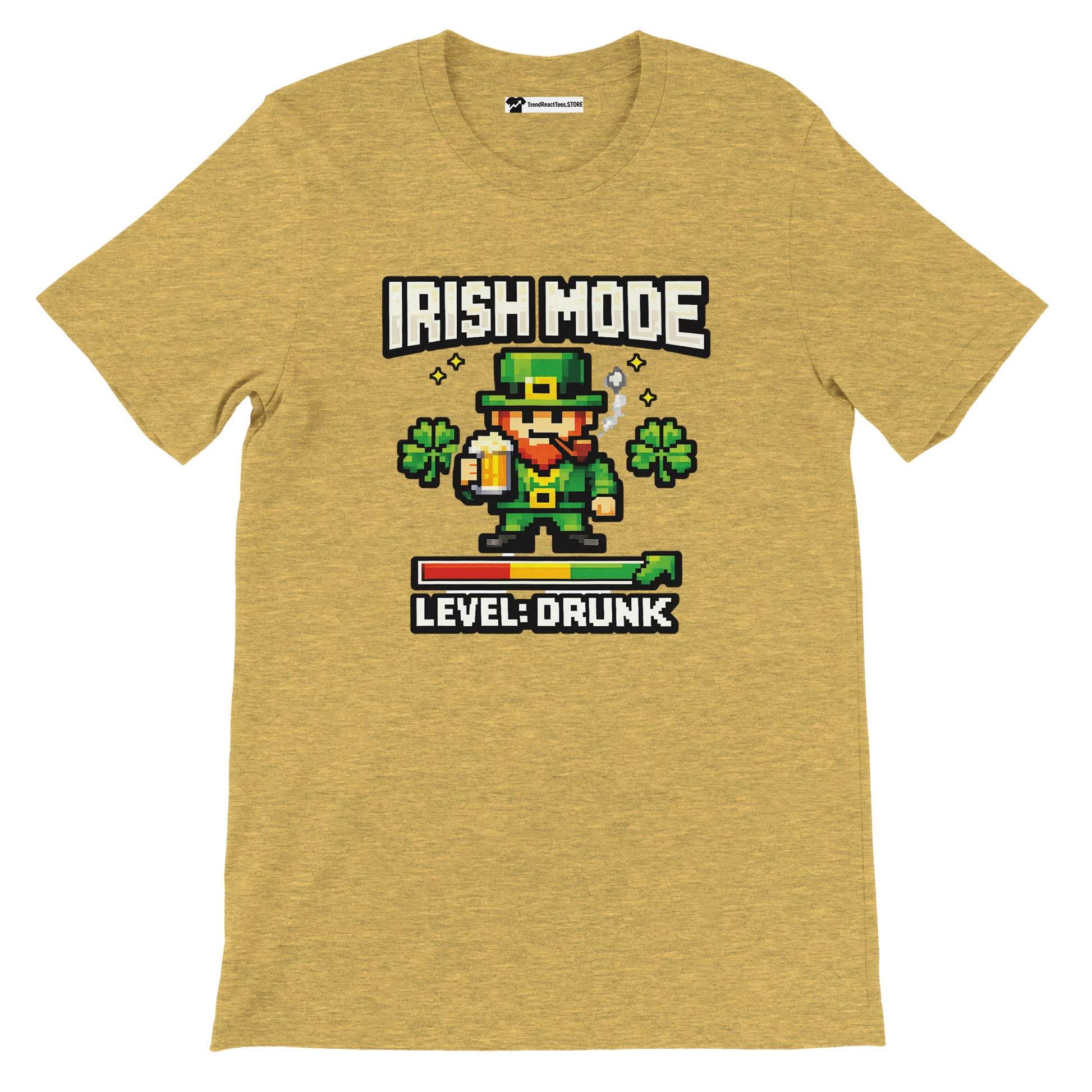 Irish Mode Level Drunk pixel art leprechaun tee with shamrocks, beer, and game bar for St. Patrick's Day