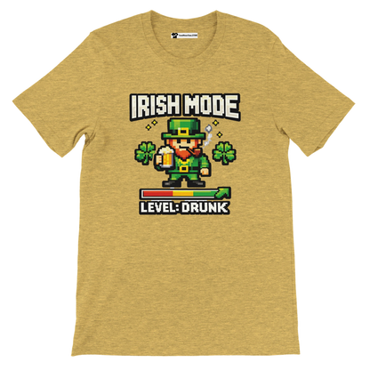 Irish Mode Level Drunk pixel art leprechaun tee with shamrocks, beer, and game bar for St. Patrick's Day