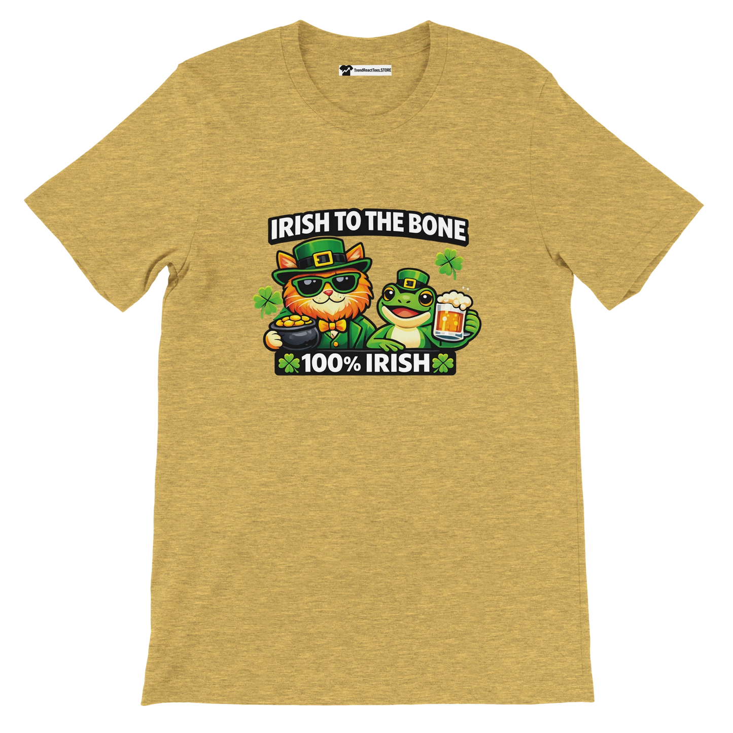 Irish to the Bone St. Patrick's Day tee with cat, frog, shamrocks, and beer graphic on gold shirt