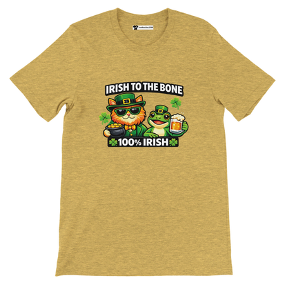 Irish to the Bone St. Patrick's Day tee with cat, frog, shamrocks, and beer graphic on gold shirt