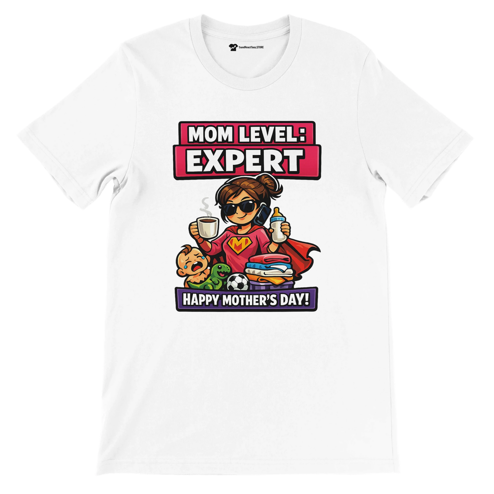 White t-shirt with "Mom Level: Expert" superhero mom anime graphic, Mother's Day design