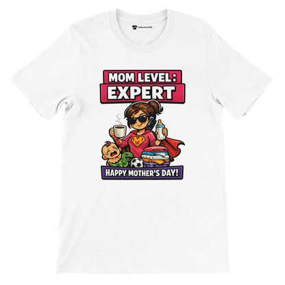 White t-shirt with "Mom Level: Expert" superhero mom anime graphic, Mother's Day design