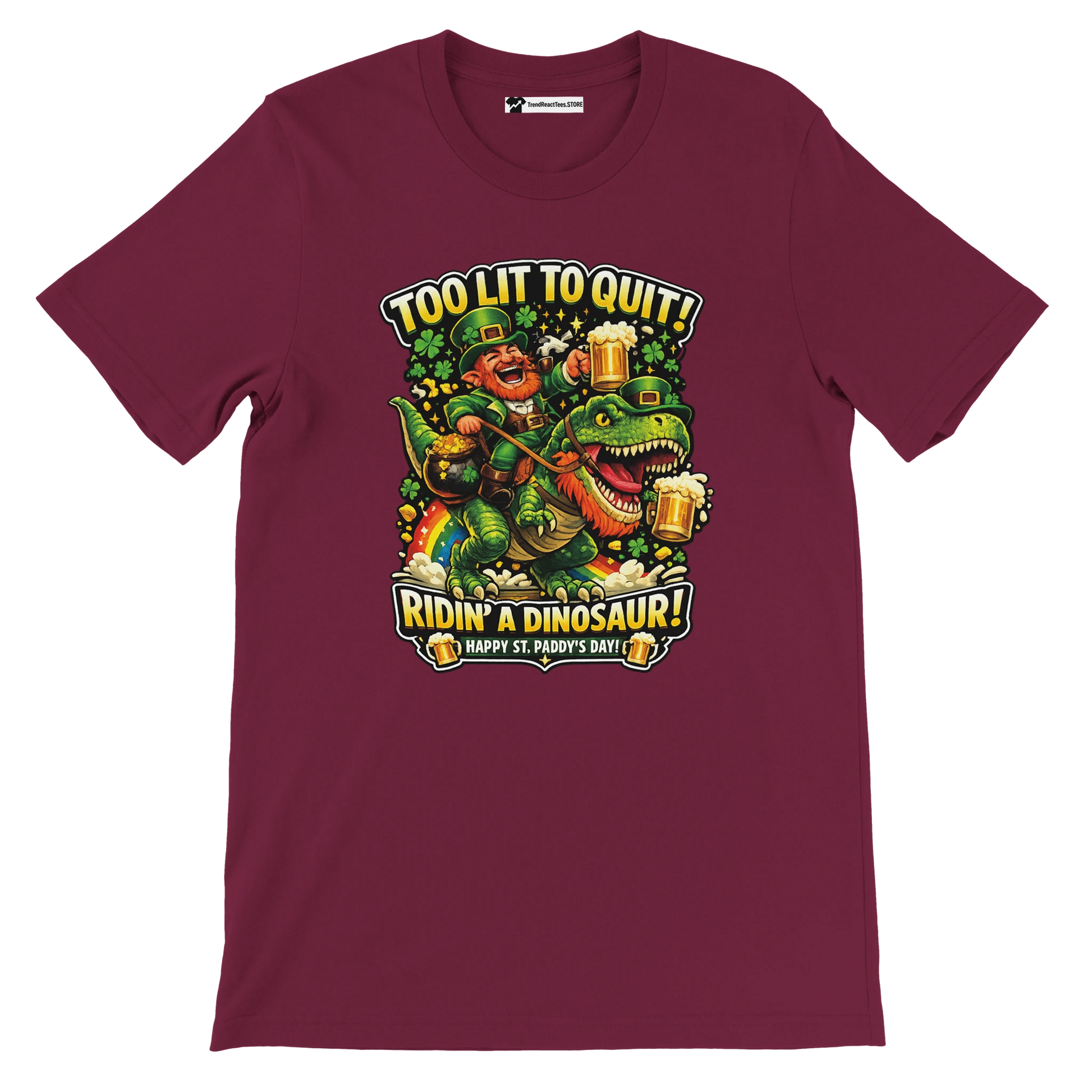 Funny St. Patrick's Day tee with leprechaun riding dinosaur, beer, shamrocks, and 'Too Lit to Quit' text