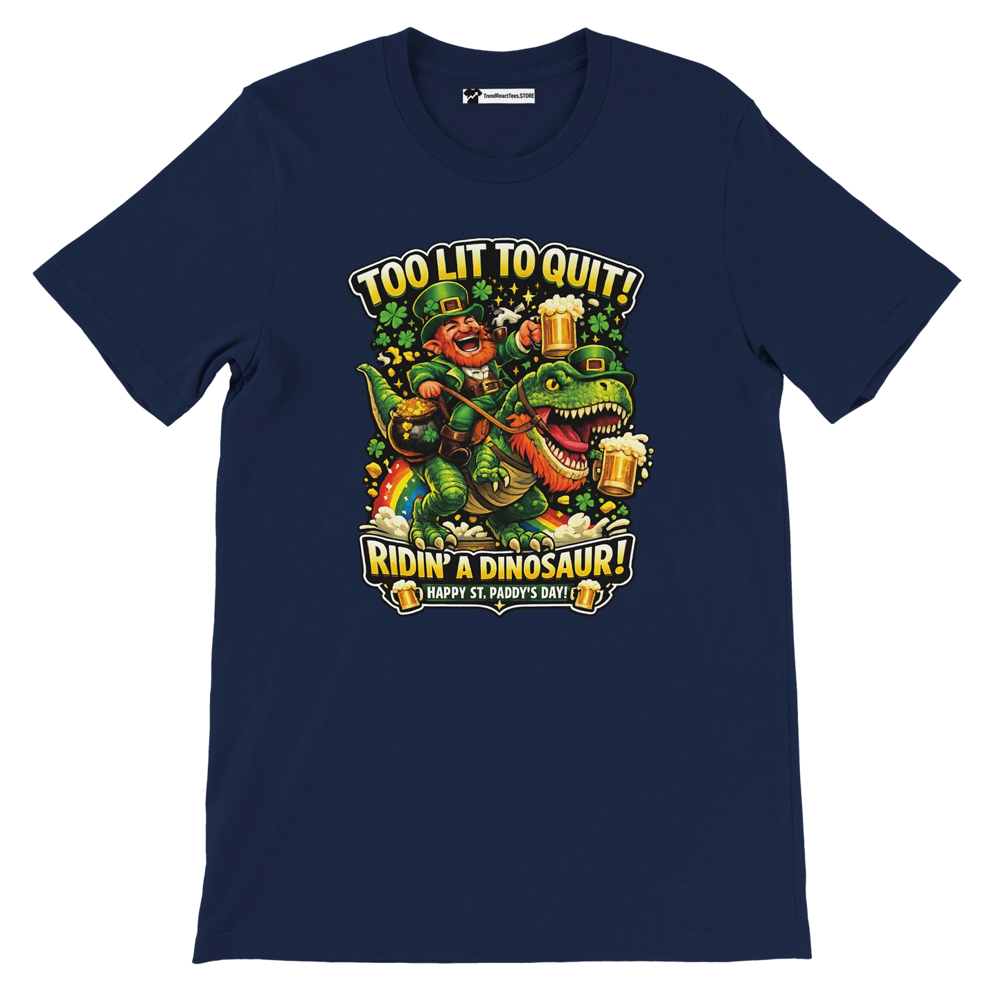 Leprechaun riding dinosaur with beer, St. Paddy's Day tee, festive holiday design
